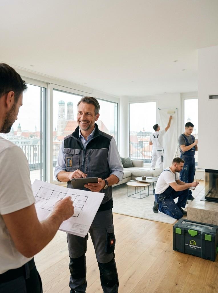 Handwerker-Team bei der Koordination einer Renovierung in München