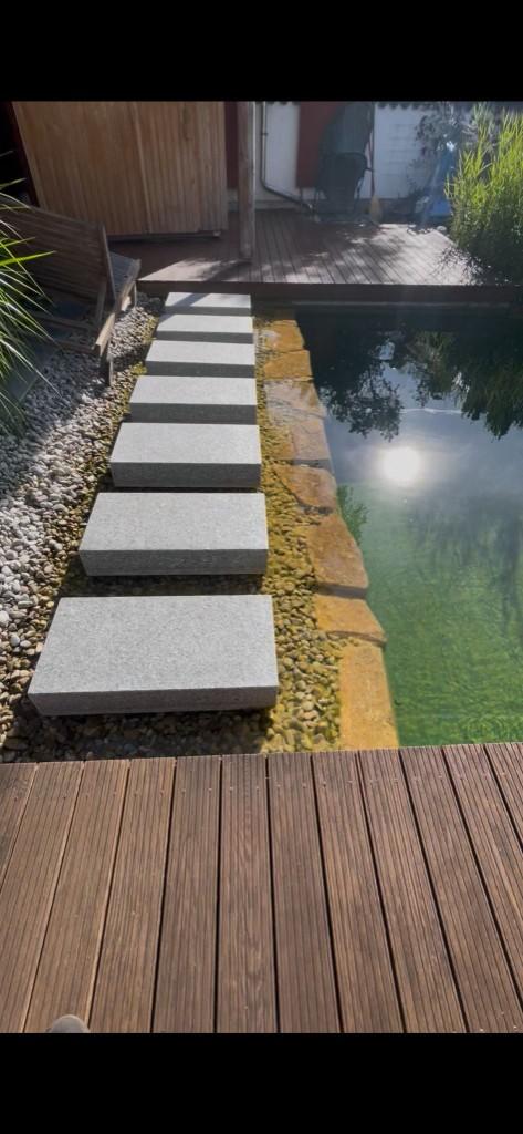 Terrassen- und Steganlage Bogenhausen: Holzoberflächen mit biologischem Osmoholz-Öl behandelt, abgestimmt auf Naturpool und Gartenlandschaft (1/4)